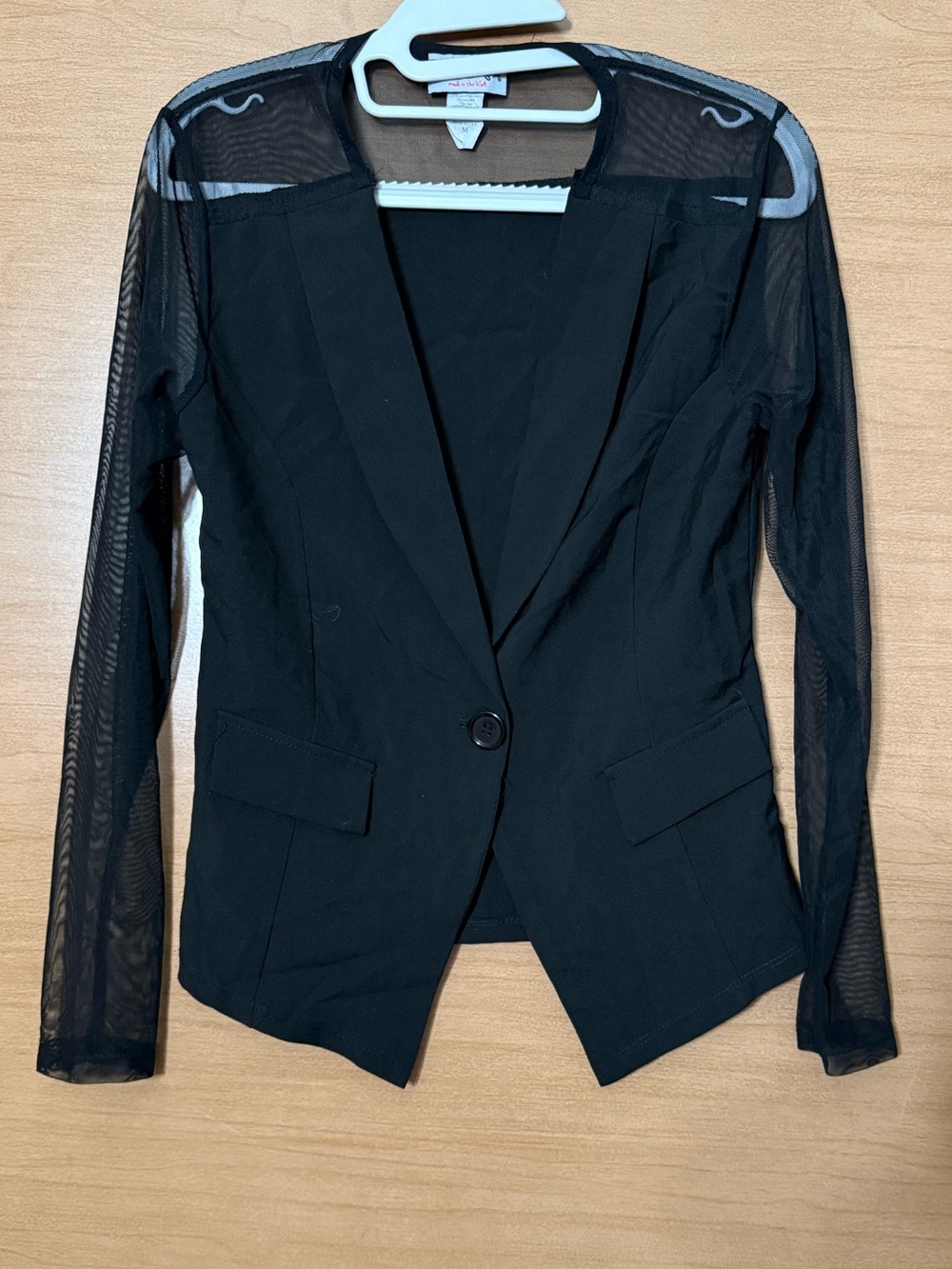 Women's Black One-Button Blazer with Sheer Mesh Sleeves